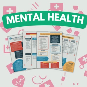 May include: Three informational posters about mental health disorders. The posters are titled "Dissociative Disorder", "Schizophrenia Spectrum Disorder", and "Personality Disorders". Each poster has a blue, red, and yellow color scheme and lists symptoms, treatment, and nursing considerations.