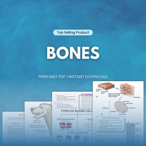 May include: A collection of educational diagrams about bones and blood cells, with the word "BONES" in large white letters. The image includes diagrams of bone structure, blood cells, and a dog's anatomy. The text "PRINTABLE PDF | INSTANT DOWNLOAD" is also visible.