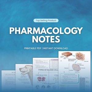 May include: A collection of pharmacology notes with the title "PHARMACOLOGY NOTES" in large white letters. The image includes diagrams of blood cells, bone structure, and a dog's head. Text reads "PRINTABLE PDF | INSTANT DOWNLOAD".