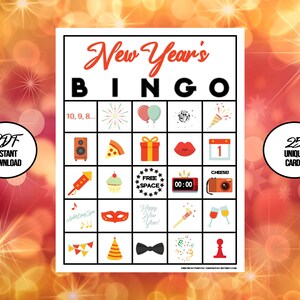 Jeu imprimable de bingo du réveillon du Nouvel An | Cartes de jeu BINGO 2024 | Fête du Nouvel An Sylvestre pour enfants ou adultes