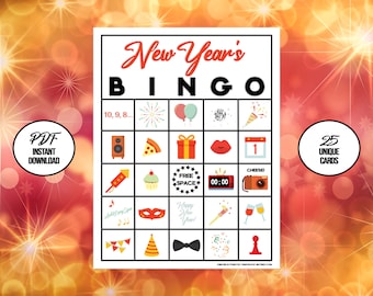 New Years Eve Bingo Printable Game | 2024 BINGO Game Cards | Sylvester New Years Party Kids or Adults