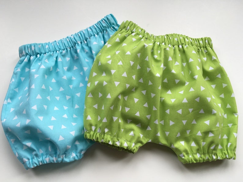 Baby Shorts Sizes 3 months Unisex Baby Bloomers -Tossed Triangles Aqua or Lime Girl or Boy Baby BLOOMERS BUBBLE SHORTS 2 yrs.
