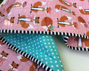 Whole Cloth Baby Quilt - Fabulous Foxes - Stroller QUILT - Baby Blanket - Baby Quilt - Baby Girl - Fox Quilt