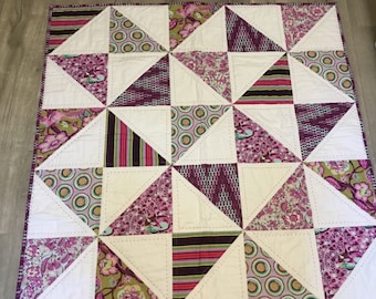 MODERN BABY QUILT - Tula Pink - Handmade Baby Quilt - Keepsake Quilt - Modern Quilt - Lap Quilt - Throw - Pinwheel Quilt - Hour Glass Quilt