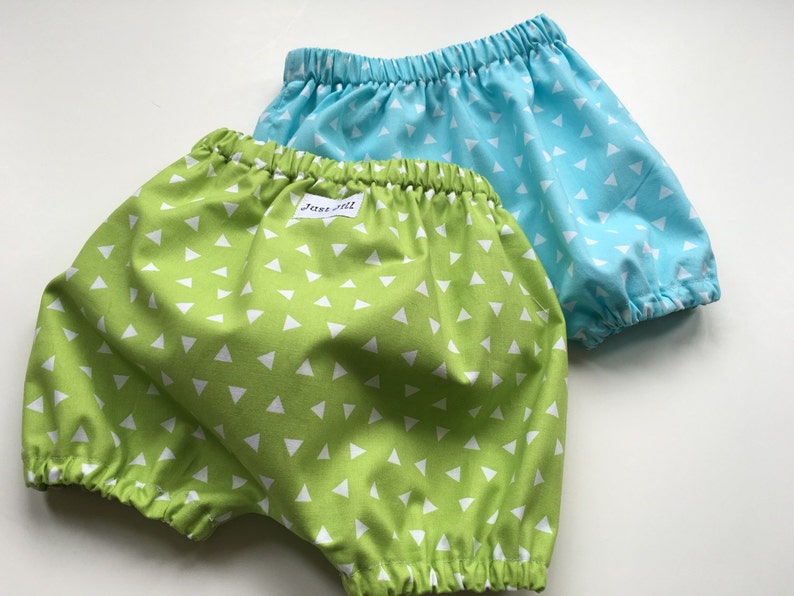 Baby Shorts Sizes 3 months Unisex Baby Bloomers -Tossed Triangles Aqua or Lime Girl or Boy Baby BLOOMERS BUBBLE SHORTS 2 yrs.