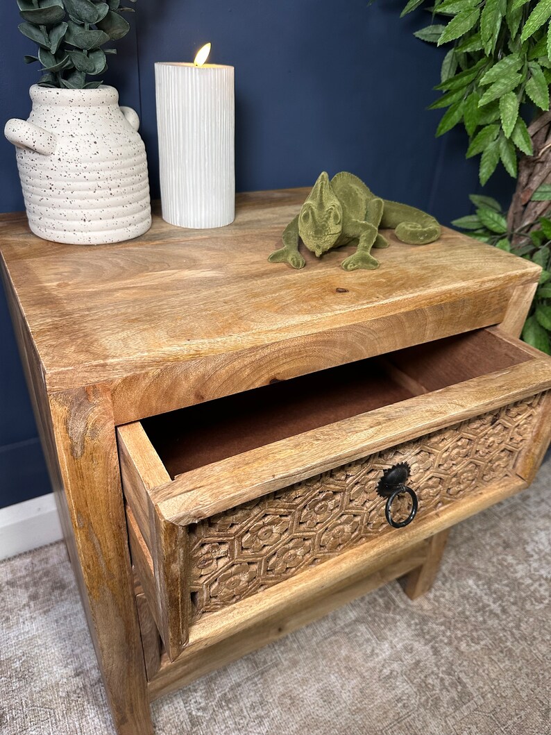 Beautiful Carved Wood Bedside Table Storage Wood Trendy Home