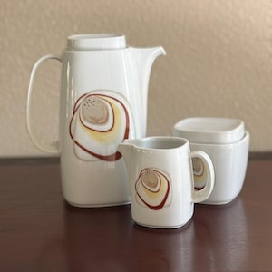 Mid Century Coffee Pot Milk Pitcher and Sugar Bowl Set | Schirnding Bavaria Porcelain | White Ceramics