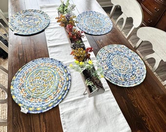 Handmade Jelly Roll Placemats Lemon Blueberry Table Mats Blue Yellow White Quilted Farmhouse Kitchen Decor Cottagecore Summer Table Setting