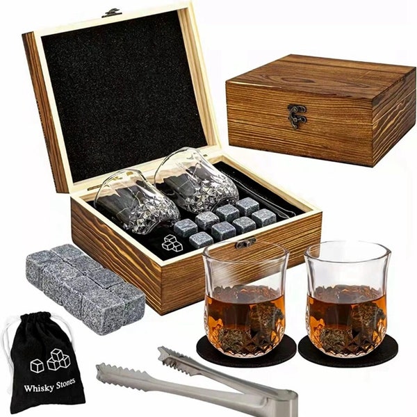 Luxury Whiskey Glasses Set with Reusable Ice Stones and Wooden Gift Box