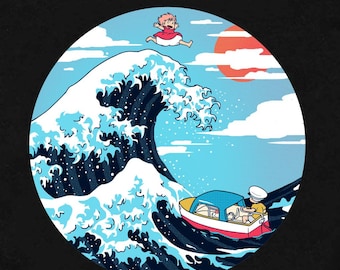 Ponyo Studio Ghibli Shirt, Miyazaki Great Wave Kanagawa Shirts, Ponyo Boat Vintage Ghibli Gift, Totoro, Moving Castle, Spirited Away Tee
