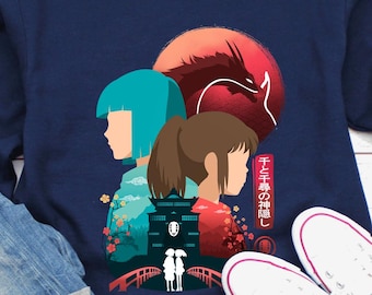 Studio Ghibli Spirited Away Sweatshirt, Haku, Chihiro, No Face Vintage Anime Minimal Sweatshirts, Dragon Ghibli Miyazaki Manga Sweater