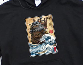 Studio Ghibli Moving Castle Hoodie, Great Wave Kanagawa Japanese Anime Miyazaki Hoodies, Howls Castle Sweatshirt, Calcifer Ghibli Gift