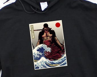 Zoro One Piece Japanese Hoodie, Pirate Anime Roronoa Zoro Hoodies, Kanagawa Wave Hokusai Straw Hat Pirates Manga Gift, Mugiwara Hoodie