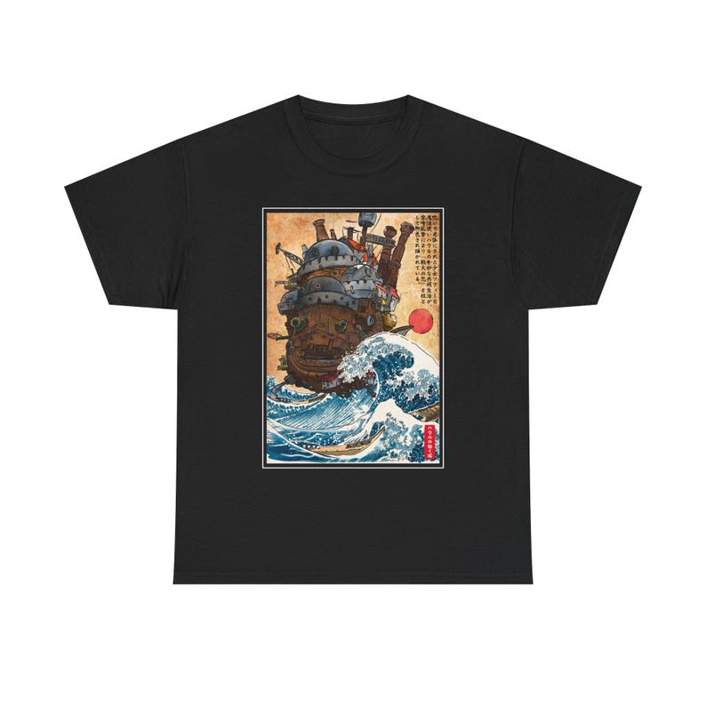 スタジオジブリの動く城のシャツ、神奈川沖浪裏の日本アニメ宮崎駿Tシャツ、ハウルの城Tシャツ、カルシファーのジブリギフト服 Black