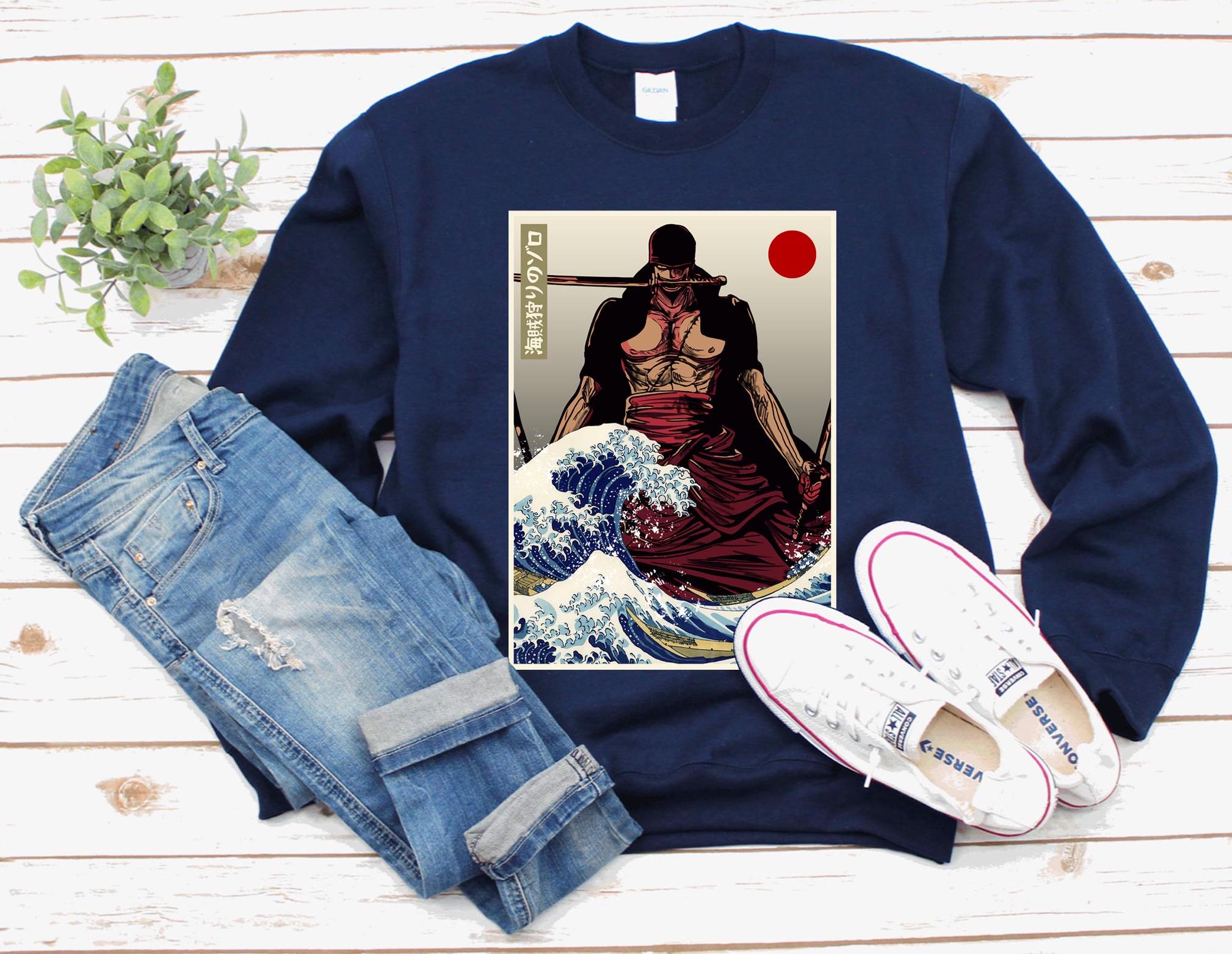 Zoro One Piece Japanese Sweatshirt, Pirate Anime Roronoa Zoro Sweater, Kanagawa Wave Hokusai Straw Hat Pirates Manga Gift, Mugiwara Sweater