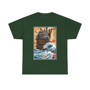 スタジオジブリの動く城のシャツ、神奈川沖浪裏の日本アニメ宮崎駿Tシャツ、ハウルの城Tシャツ、カルシファーのジブリギフト服 Forest Green