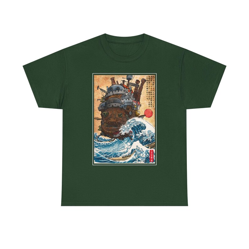 スタジオジブリの動く城のシャツ、神奈川沖浪裏の日本アニメ宮崎駿Tシャツ、ハウルの城Tシャツ、カルシファーのジブリギフト服 Forest Green
