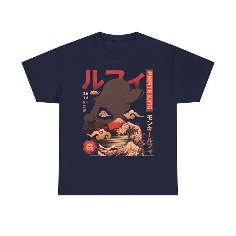 Pirate King Luffy Anime Shirt, Straw Hat Pirates Monkey D Luffy One Piece Manga Shirt, Mugiwara, Sanji, Zoro Japanese Anime Tee Navy