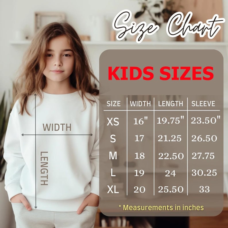 May include: A white sweatshirt with a size chart labeled "KIDS SIZES" in red. The chart lists sizes XS to XL with measurements in inches for width, length, and sleeve. The image also shows a young person wearing the sweatshirt.