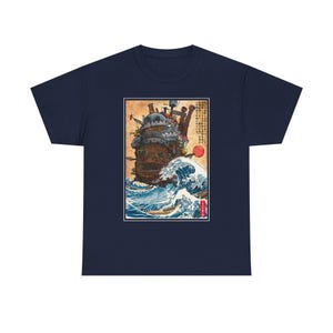 スタジオジブリの動く城のシャツ、神奈川沖浪裏の日本アニメ宮崎駿Tシャツ、ハウルの城Tシャツ、カルシファーのジブリギフト服 Navy
