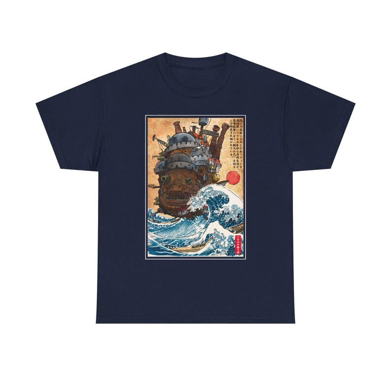スタジオジブリの動く城のシャツ、神奈川沖浪裏の日本アニメ宮崎駿Tシャツ、ハウルの城Tシャツ、カルシファーのジブリギフト服 Navy