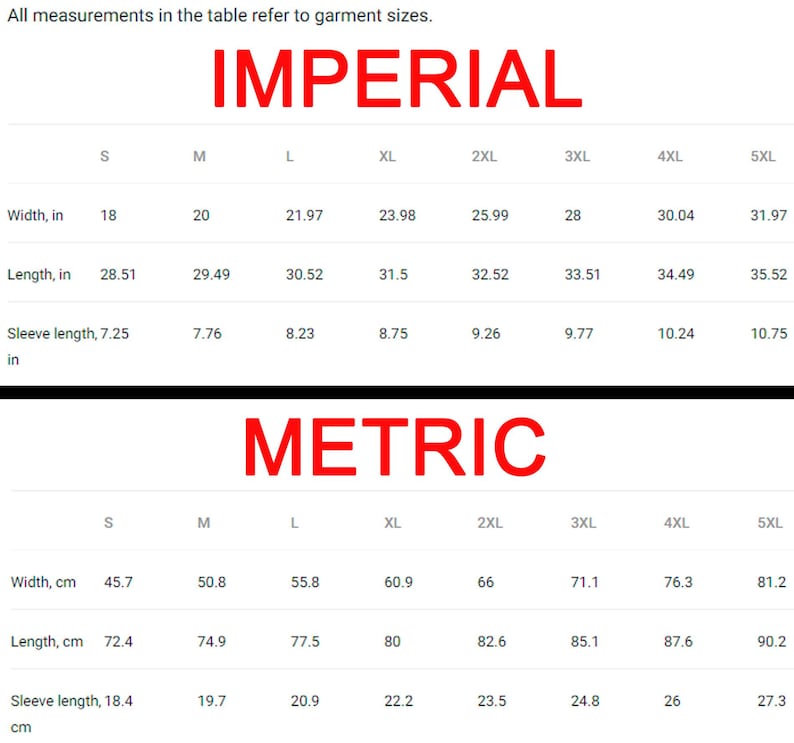 May include: Size chart showing measurements in inches and centimeters for a garment. The chart includes sizes from S to 5XL and measurements for width, length, and sleeve length.