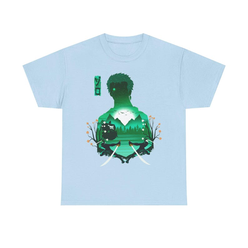 Zoro Haki Straw Hat Shirt, Swordsman Roronoa Zoro Enma Sword One Piece Gear Anime Shirt, Mugiwara, Mihawk, Japanese Pirate King Manga Tee Light Blue