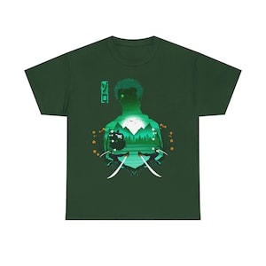 Zoro Haki Straw Hat Shirt, Swordsman Roronoa Zoro Enma Sword One Piece Gear Anime Shirt, Mugiwara, Mihawk, Japanese Pirate King Manga Tee Forest Green
