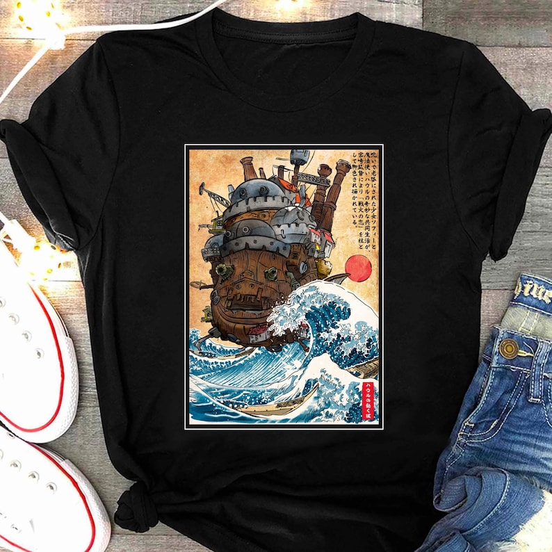 スタジオジブリの動く城のシャツ、神奈川沖浪裏の日本アニメ宮崎駿Tシャツ、ハウルの城Tシャツ、カルシファーのジブリギフト服 画像 1