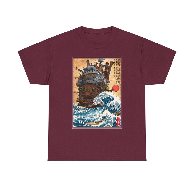 スタジオジブリの動く城のシャツ、神奈川沖浪裏の日本アニメ宮崎駿Tシャツ、ハウルの城Tシャツ、カルシファーのジブリギフト服 Maroon