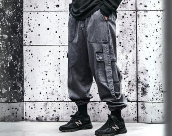 Cargo Denim Jeans with Strap  - Futuristic Techwear Pants - Tactical Pants - Cyberpunk, Aesthetic, y2k, Army, Military, Cotton,  Streetwear