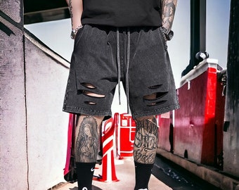 Short noir effet vieilli pour homme - Shorts en coton effet vieilli - Shorts délavés - Short cargo - Streetwear, Techwear, y2k, déchiré