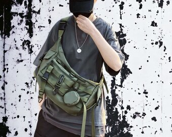 Bolso de hombro Techwear - Bolso mensajero, Bolso de hombro de carga, Ropa de calle, Correa, Cremallera