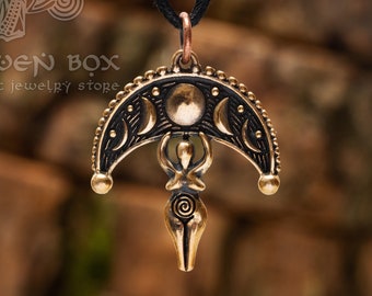 Colgante de diosa triple luna Wicca/Gaia/Venus: símbolo de fertilidad, maternidad sagrada. Joyería ocultista de bronce hecha a mano y amuleto de brujería.