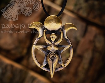 Colgante de diosa triple luna Wicca/Gaia/Venus: símbolo de fertilidad, maternidad sagrada. Joyería ocultista de bronce hecha a mano y amuleto de brujería.