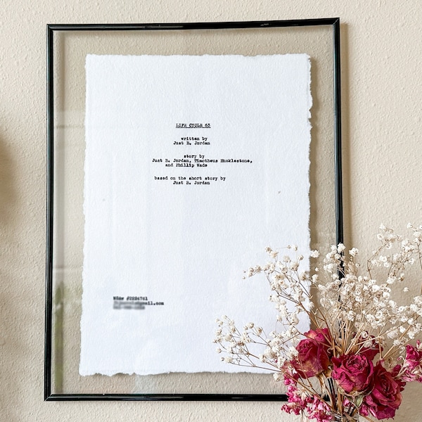 Custom Screenplay Title Page hand typed on cotton paper and framed personalized handmade typewriter print movie film script