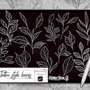 May include: A digital illustration of 15 tattoo style leaves on a black background. The leaves are drawn in a simple, minimalist style with white outlines. The text "Tattoo style leaves" is at the bottom of the image.