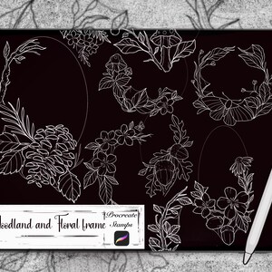 May include: A digital illustration of white line art floral and woodland frames on a black background. The frames feature flowers, leaves, acorns, pine cones, and mushrooms. The text "Woodland and Floral frame Stamps" is at the bottom of the image.