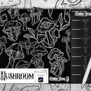 May include: A black and white digital illustration of a mushroom brush set for Procreate. The set includes seven different mushroom designs, each with a unique shape and texture. The text "Mushroom Brush Set" and "Pranker Patton" is included in the image.