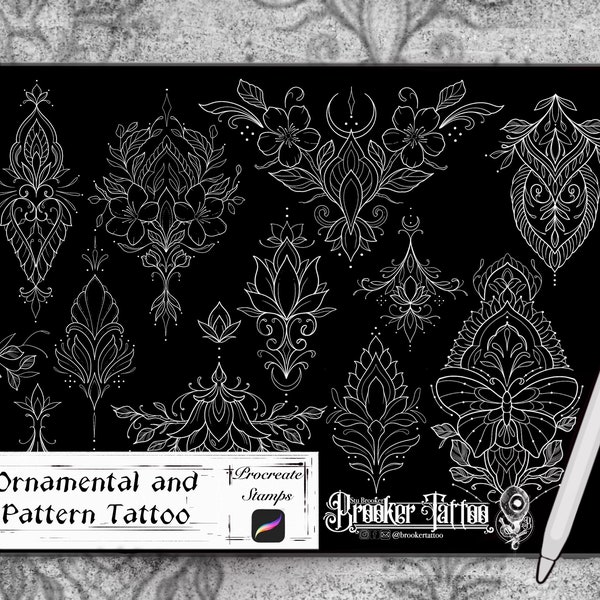 Ornamental pattern and floral tattoo stamps for procreate brush set