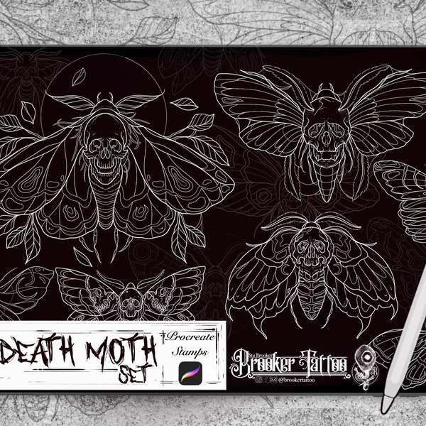 Death moth set tattoo stamps for procreate brush pack