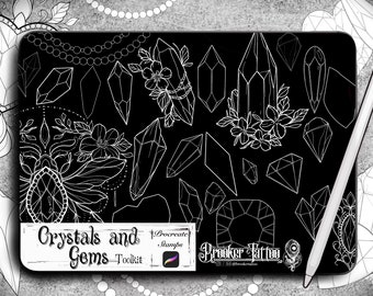 May include: Black and white digital illustration of various crystals and gems, including diamonds, geometric shapes, and floral designs. The image is labeled "Crystals and Gems Toolkit" and "Procreate Stamps" with the Procreate app logo. The image is on a black background.