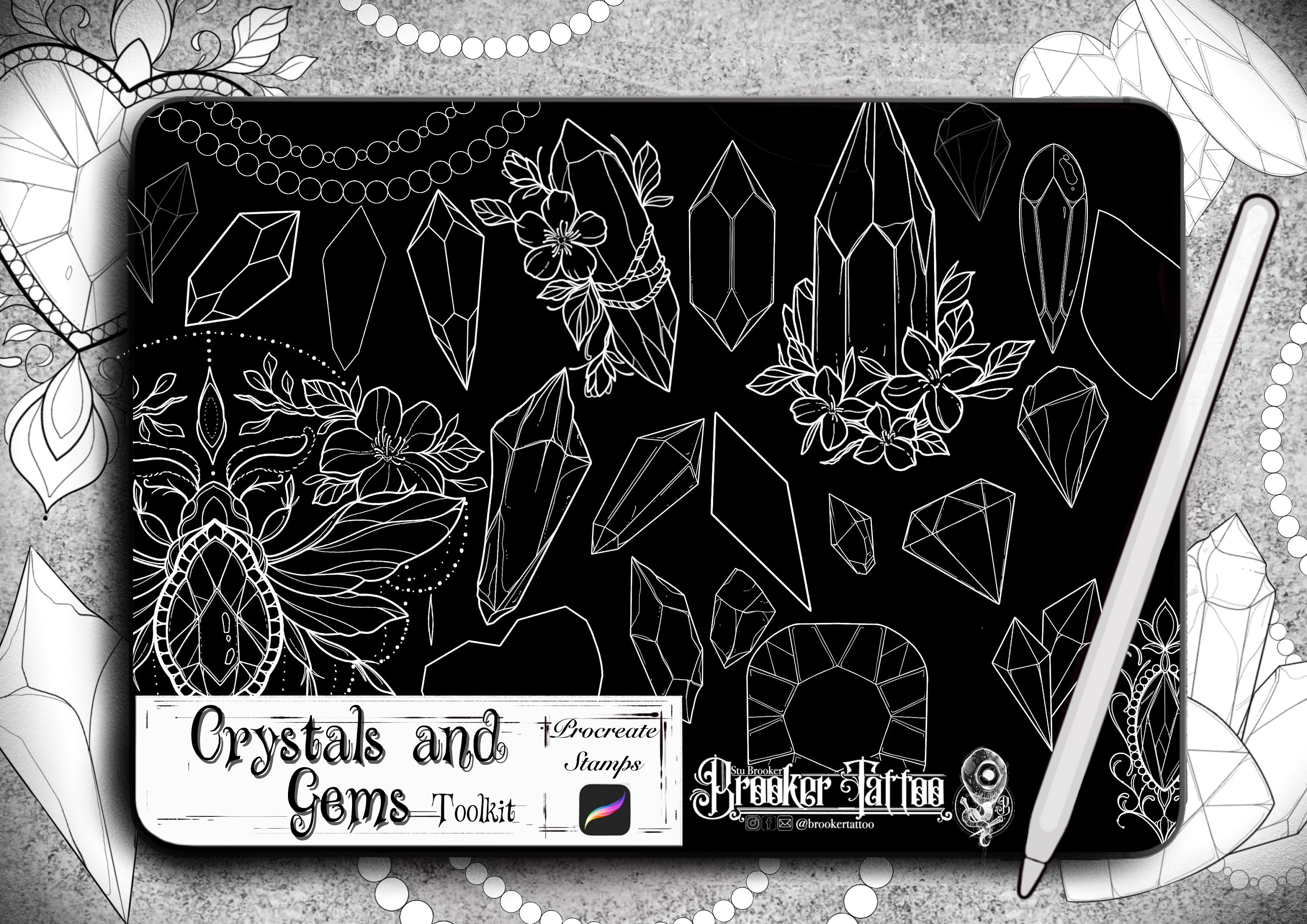 Crystal Tattoo Procreate Brush Set – 65 Gem and Crystal Stamp Brushes for Tattoo Design