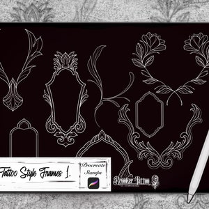 May include: A set of 10 white tattoo style frames on a black background. The frames are in various shapes and sizes, including a heart, a circle, a square, and a rectangle. The frames are all outlined in white and have a simple, elegant design. The text "Tattoo Style Frames 1." is at the bottom of the image.