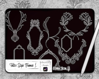 May include: A set of 10 white tattoo style frames on a black background. The frames are in various shapes and sizes, including a heart, a circle, a square, and a rectangle. The frames are all outlined in white and have a simple, elegant design. The text "Tattoo Style Frames 1." is at the bottom of the image.