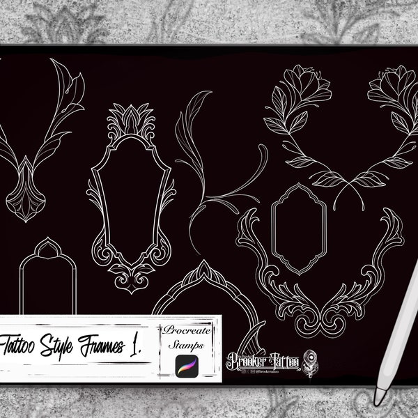 Neo traditional frames tattoo style for procreate tattoo brush set art nouveau style procreate stamps
