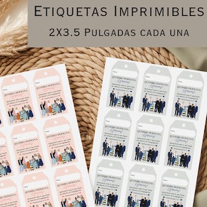 Peut inclure: Neuf étiquettes imprimables de 2x3,5 pouces avec un design représentant un groupe de personnes dans un cadre religieux. Les étiquettes sont en rose et gris avec le texte "QUERIDA HERMANA, ¡Gracias!" et "QUERIDO HERMANO, ¡Gracias!" en espagnol.