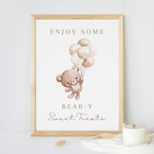 Beary Sweet Treat Baby Shower Sign, We Can Bearly Wait Baby Shower Sign, Boho Aesthetic, Printable Brown Bear with Balloons, Gender Neutral