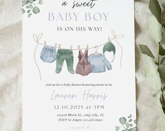 Boy Baby Shower Invitation Template, A Sweet Baby Boy is on His Way Invite,Boho Minimalist,Baby Sprinkle,Printable Instant Editable Template