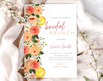 Citrus Bridal Brunch Invitation Template, Summer Bridal Shower Brunch Invitation, Floral Bridal Shower Invitation Template,